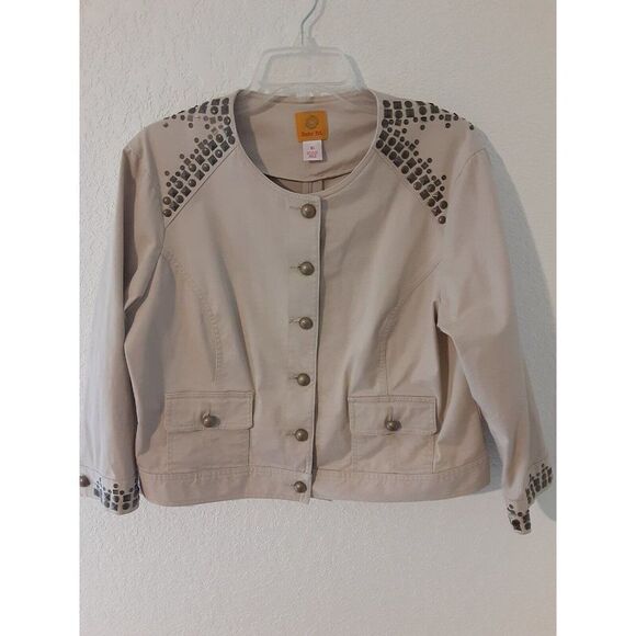 Ruby Rd Womens Beige Jacket Size 16 Gold Studs Denim Button Front - Picture 1 of 7